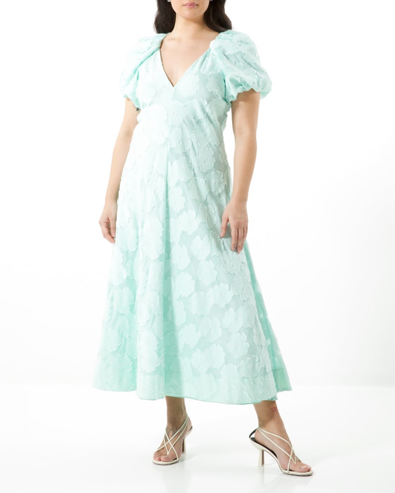 Front of a model wearing a size 20 Harley Dress in PISTACHIO by Tanya Taylor. | dia_product_style_image_id:283255